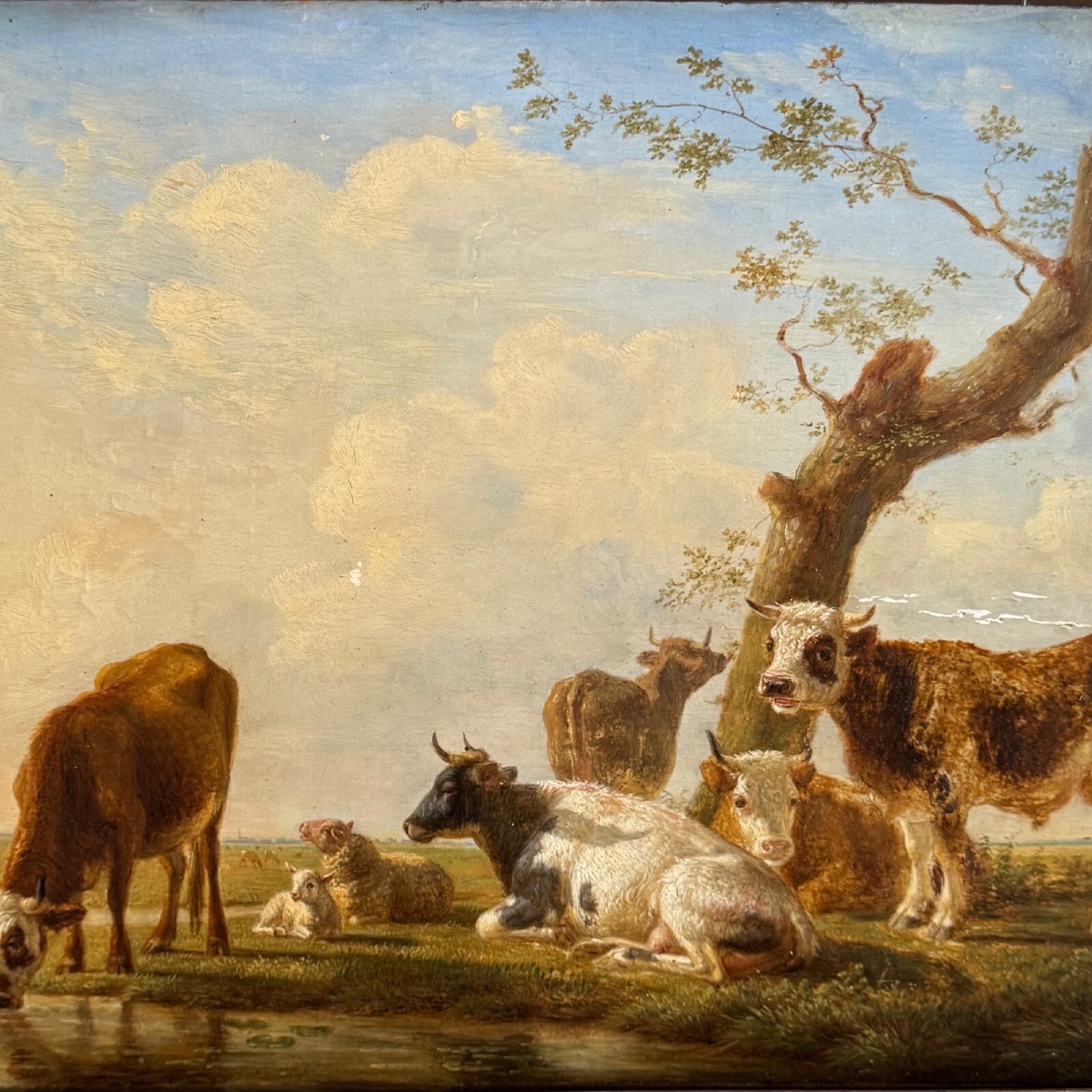Oil On Panel Cows Drinking By Jean-baptiste Berré 1830-photo-2