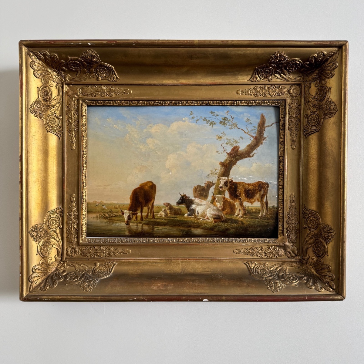 Oil On Panel Cows Drinking By Jean-baptiste Berré 1830