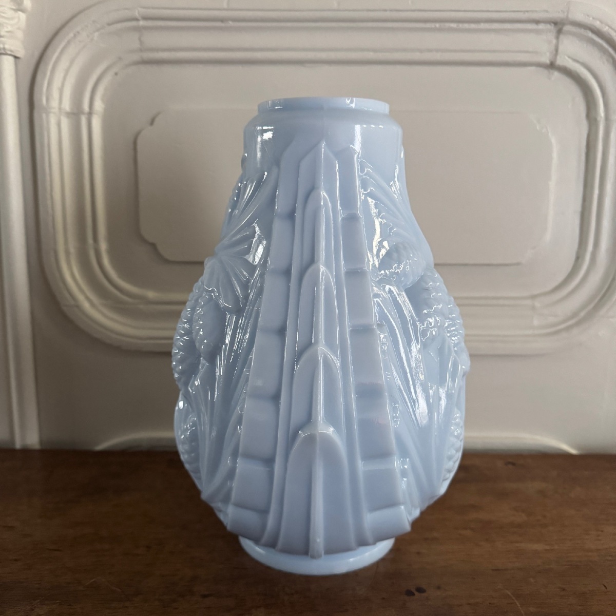 Blue Opaline Vase Decorated With Foliage And Pine Cones, 1930-photo-1
