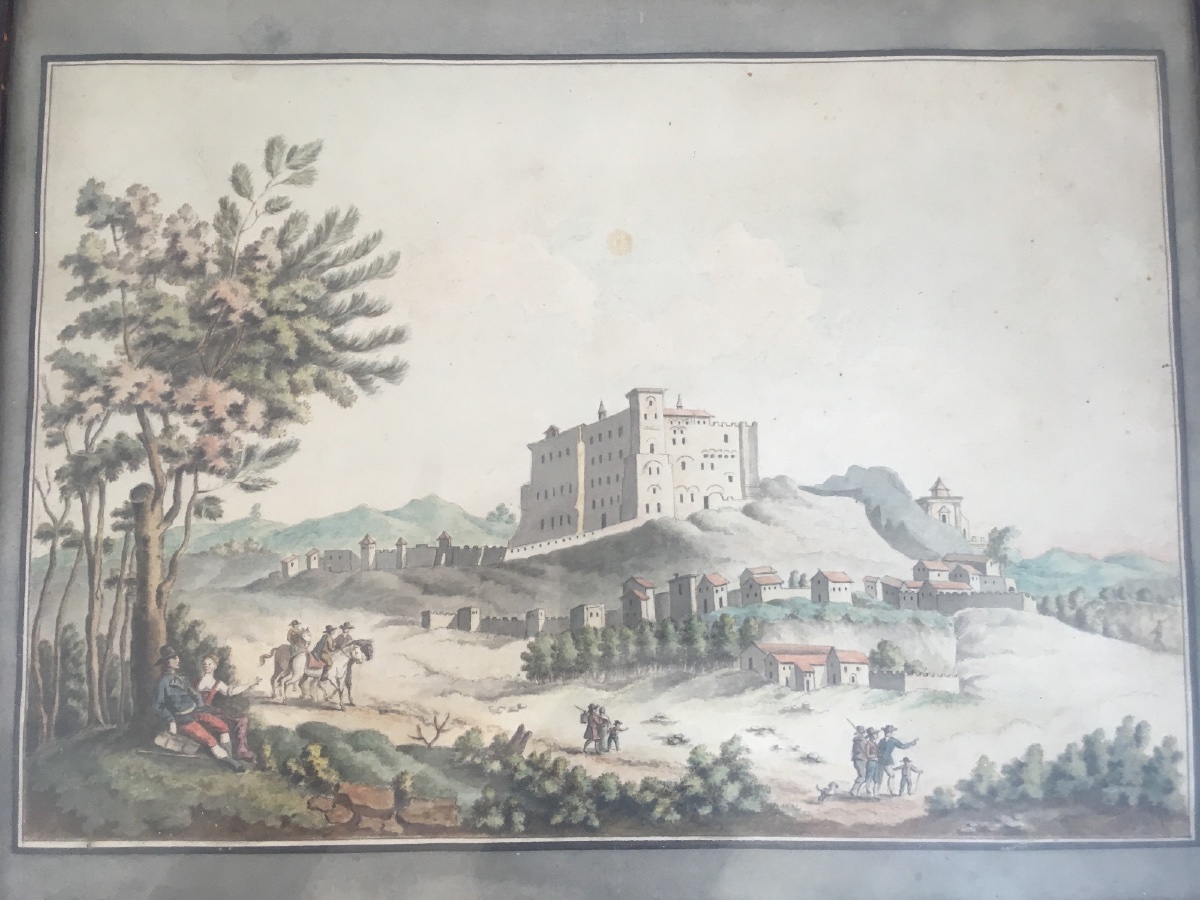 Watercolor On Paper, Early 18th Century, Romantic Scene With Landscape, Wooden Frame-photo-2