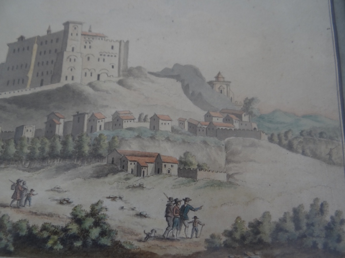 Watercolor On Paper, Early 18th Century, Romantic Scene With Landscape, Wooden Frame-photo-4