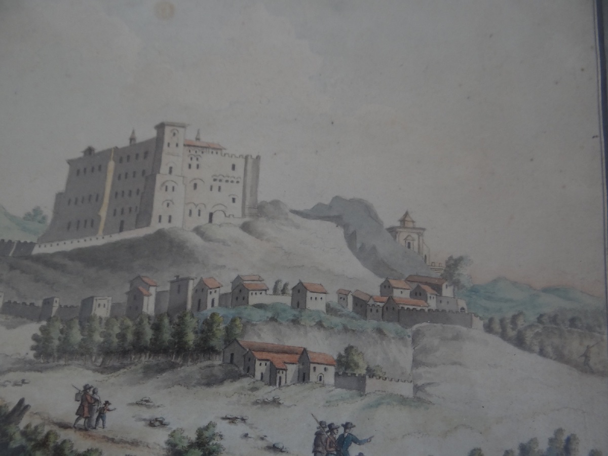 Watercolor On Paper, Early 18th Century, Romantic Scene With Landscape, Wooden Frame-photo-1