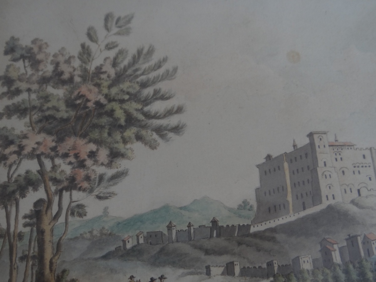 Watercolor On Paper, Early 18th Century, Romantic Scene With Landscape, Wooden Frame-photo-3