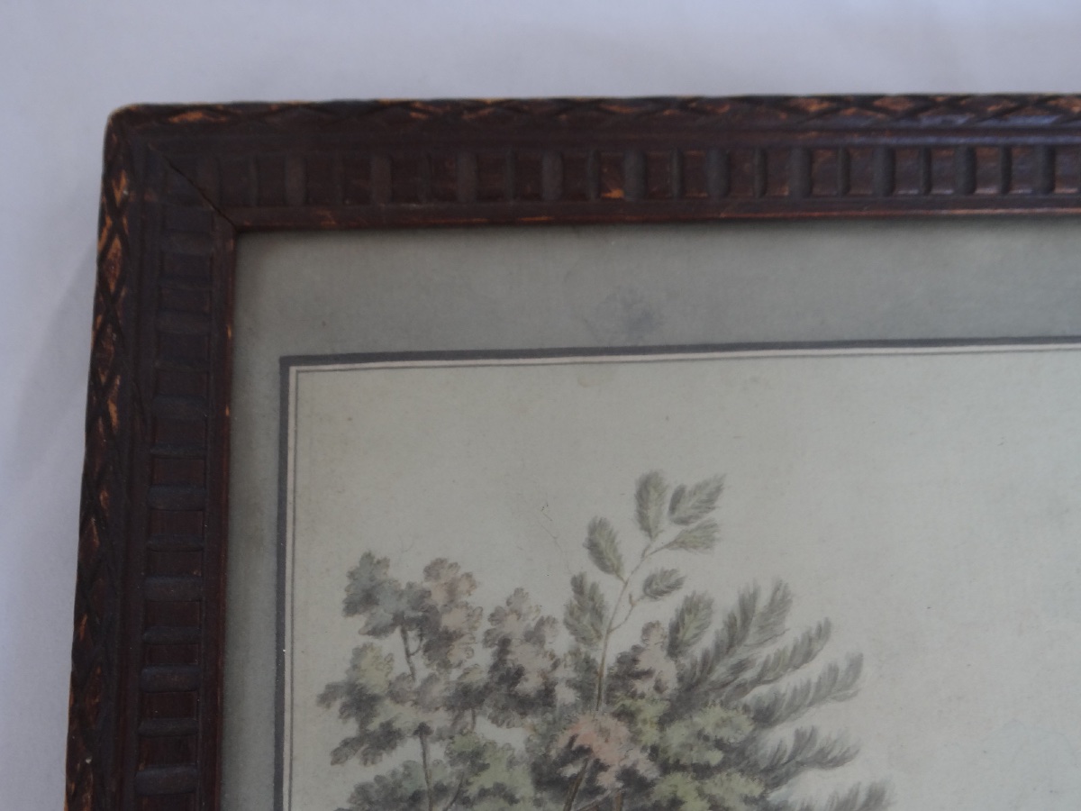 Watercolor On Paper, Early 18th Century, Romantic Scene With Landscape, Wooden Frame-photo-4