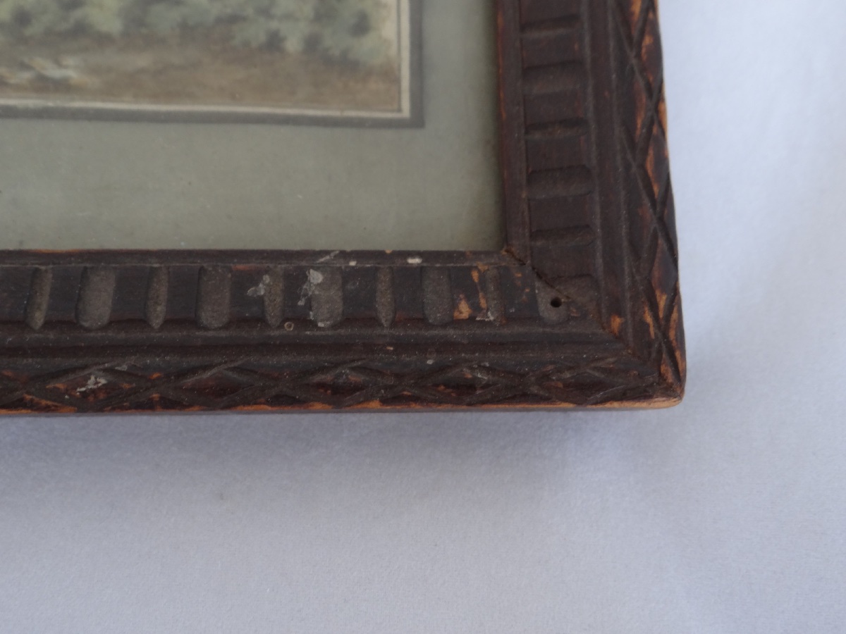 Watercolor On Paper, Early 18th Century, Romantic Scene With Landscape, Wooden Frame-photo-6