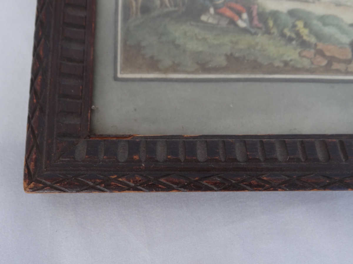 Watercolor On Paper, Early 18th Century, Romantic Scene With Landscape, Wooden Frame-photo-7