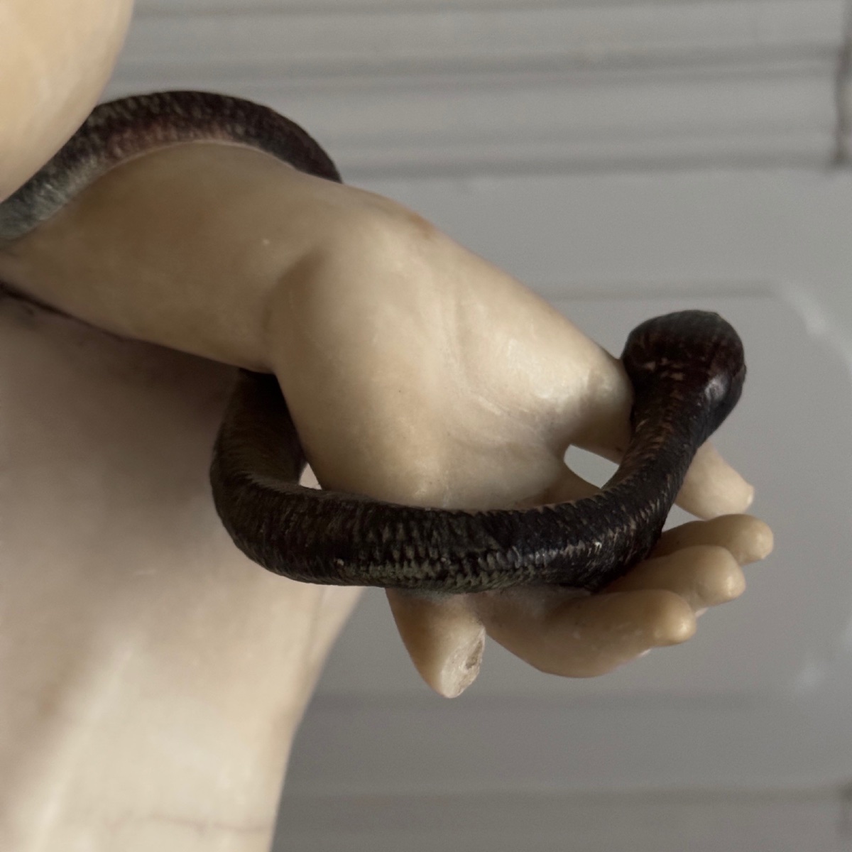 Alabaster Sculpture Of A Young Woman Holding A Bronze Snake, 1930-photo-3