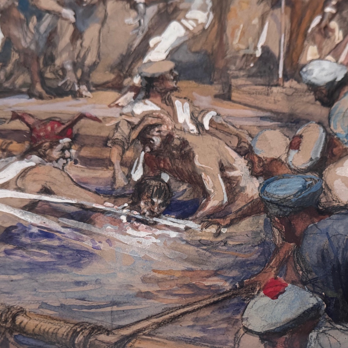 Aquarelle sur papier par Charles Fouqueray représentant des marins XXe-photo-4