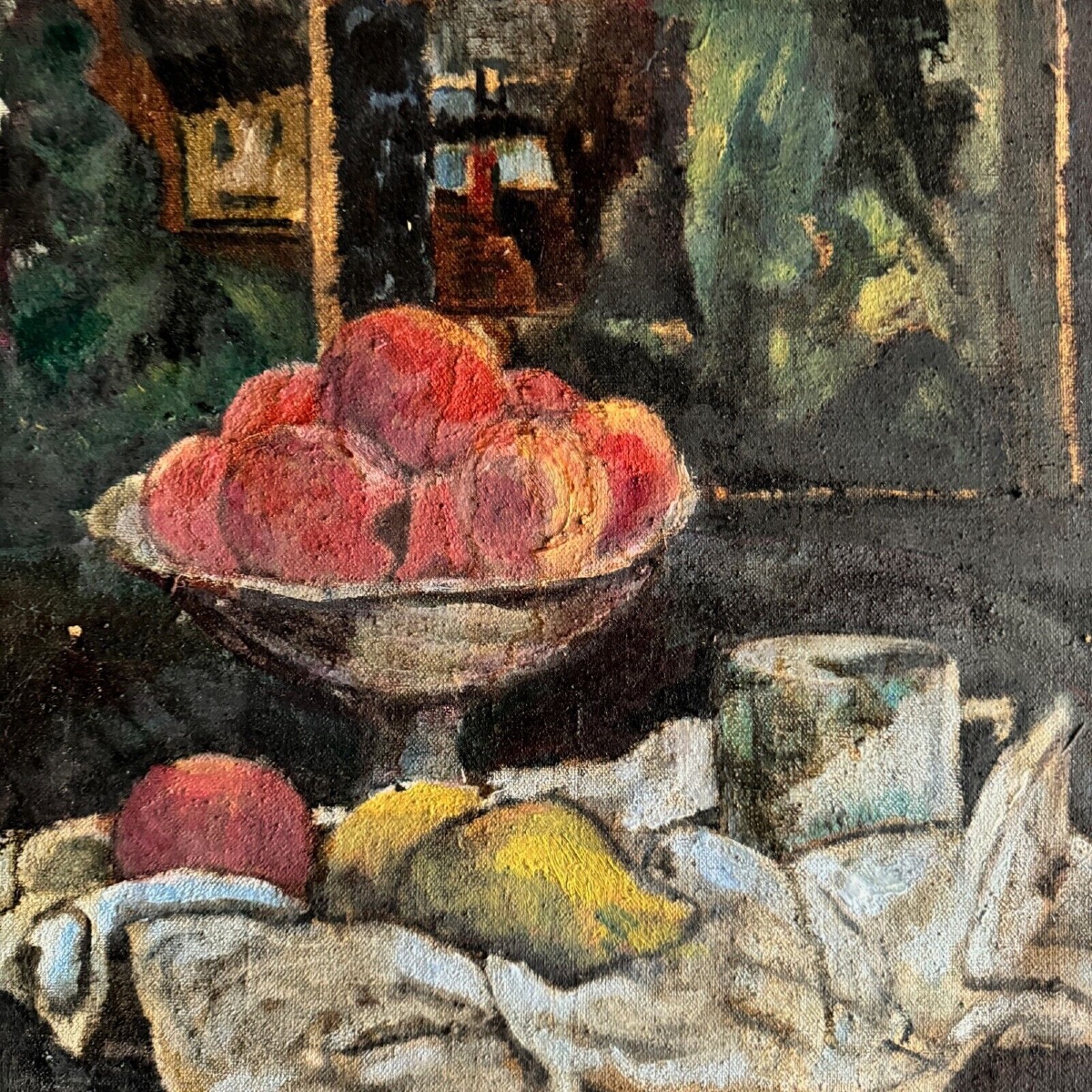 Oil On Canvas, 20th Century, Still Life With Fruit And A Cloth, Limed Frame-photo-3