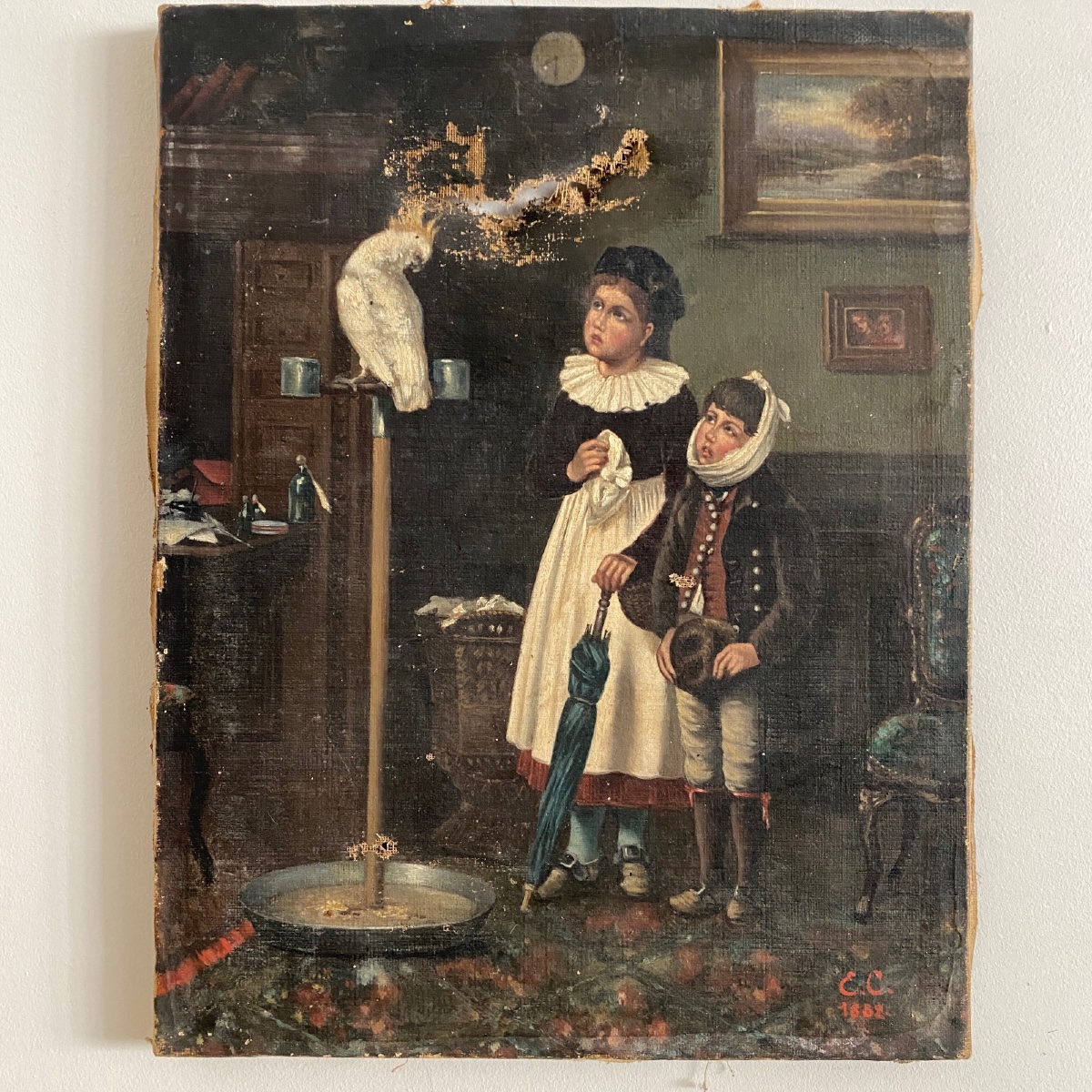 Oil On Canvas, Interior Scene, Young Children With A Parrot, 19th Century-photo-2