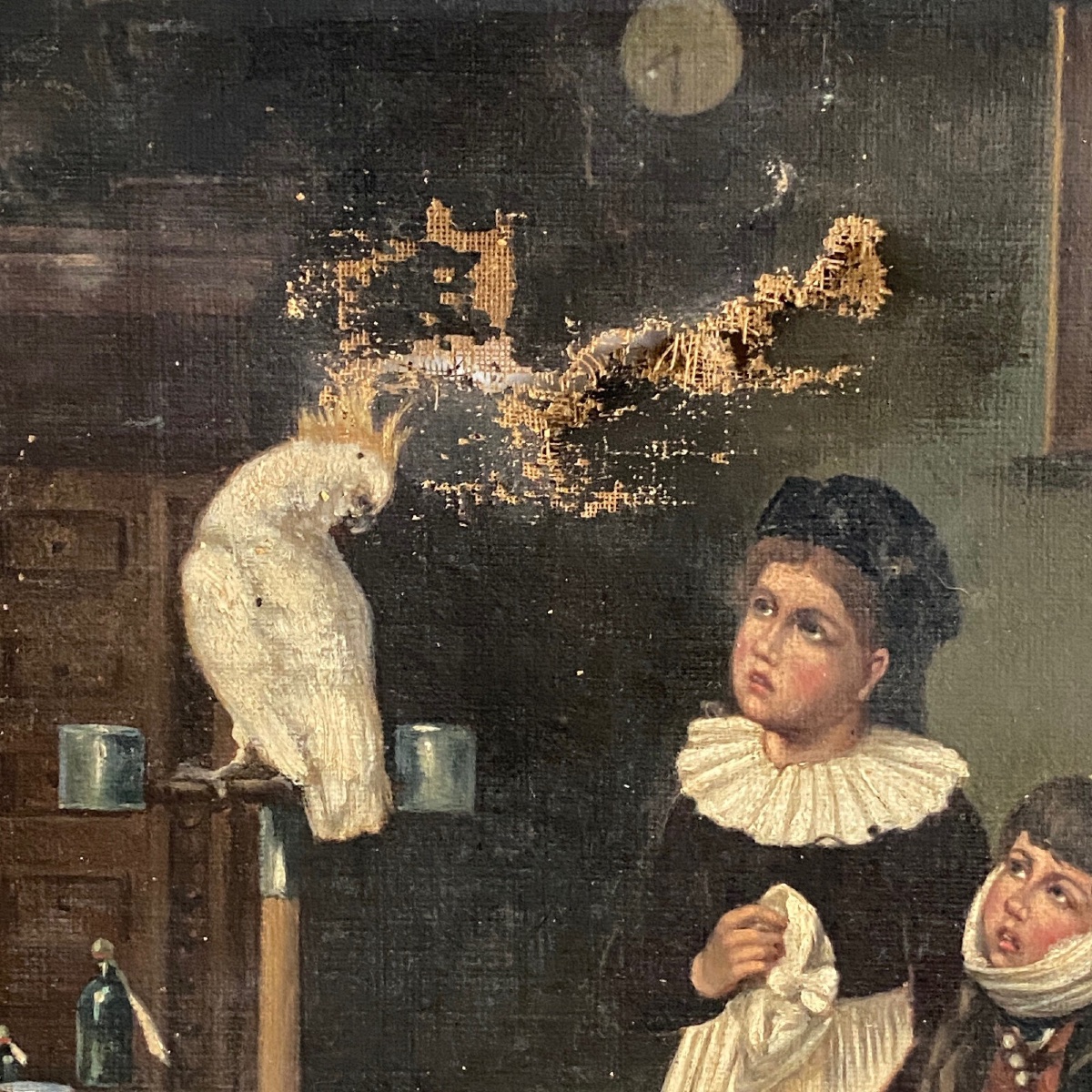 Oil On Canvas, Interior Scene, Young Children With A Parrot, 19th Century-photo-4