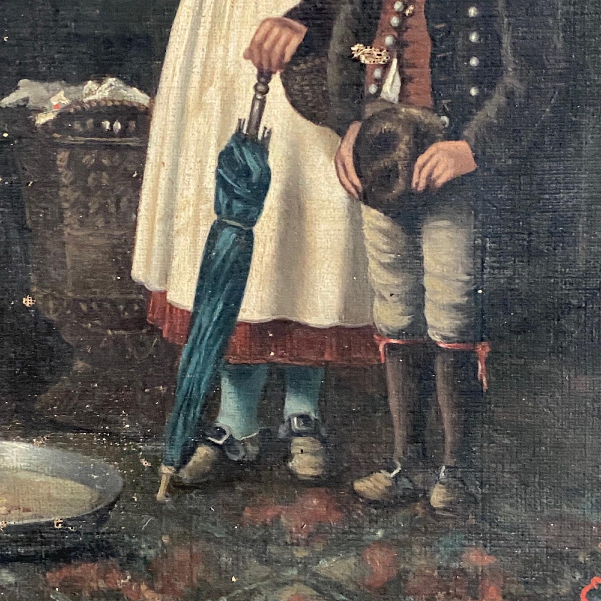 Oil On Canvas, Interior Scene, Young Children With A Parrot, 19th Century-photo-2