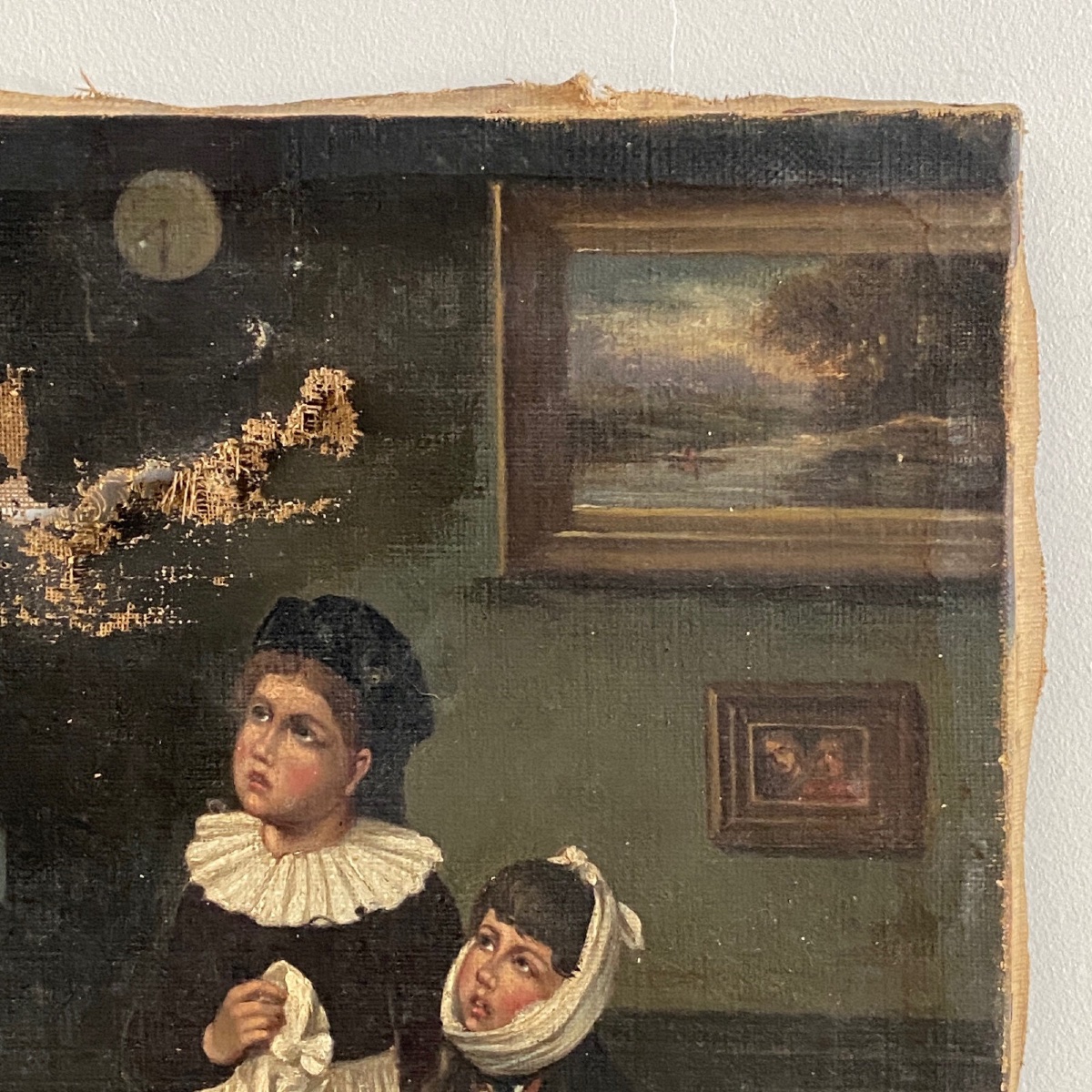 Oil On Canvas, Interior Scene, Young Children With A Parrot, 19th Century-photo-3