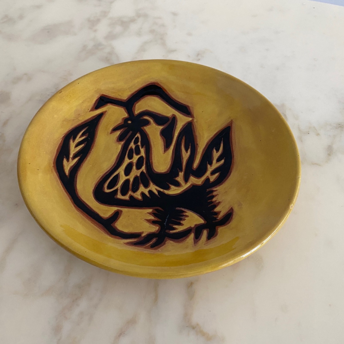 Terracotta Plate By Jean Lurçat Decorated With A Rooster On A Yellow Background-photo-2