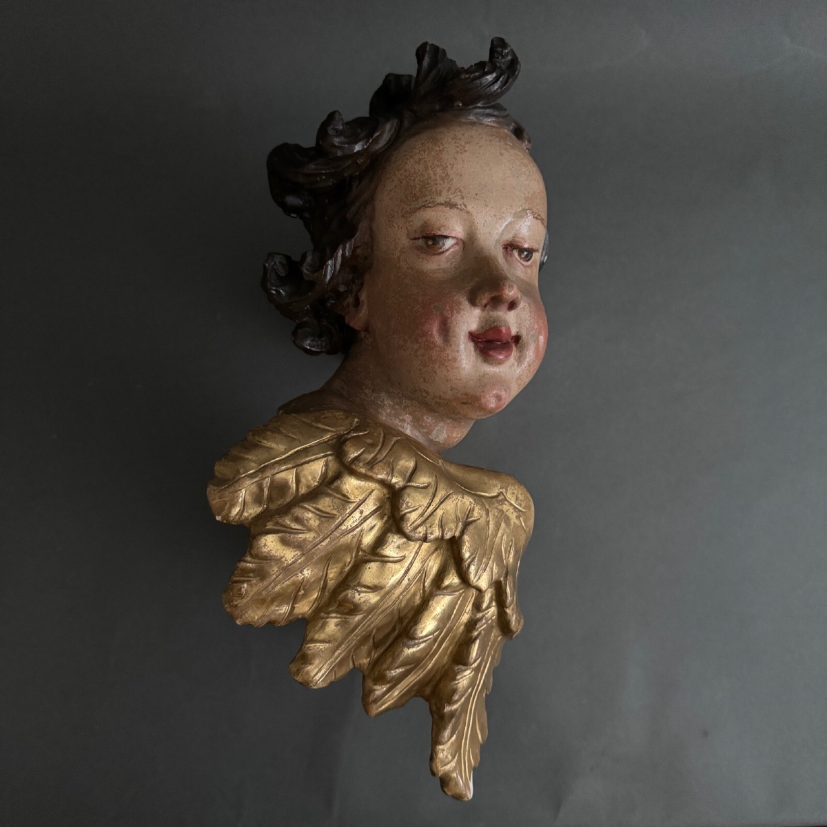 Tête d'angelot bois sculpté polychromé doré XVIIe entourage d'Ignaz Günther-photo-4