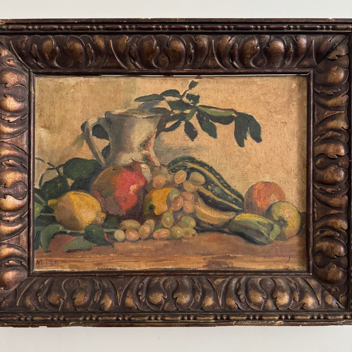Oil On Canvas By M. Rery, Still Life With Fruits And Vegetables, 20th Century-photo-3