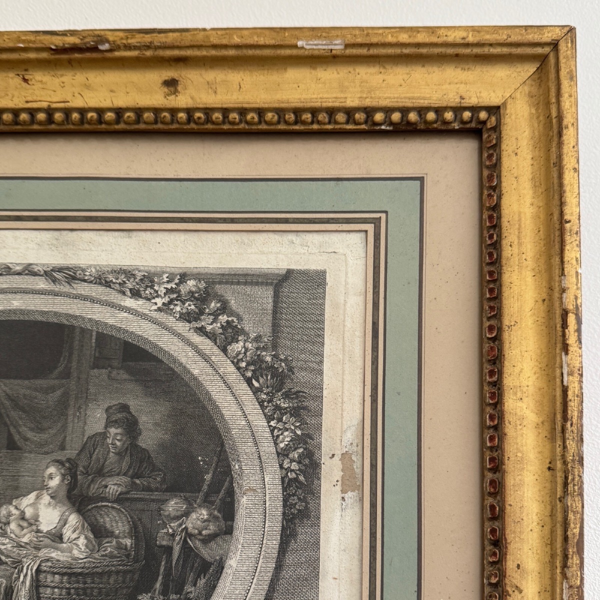 18th-century Engraving, "the Happiness Of The Household," After Launay, Beaded Frame-photo-1