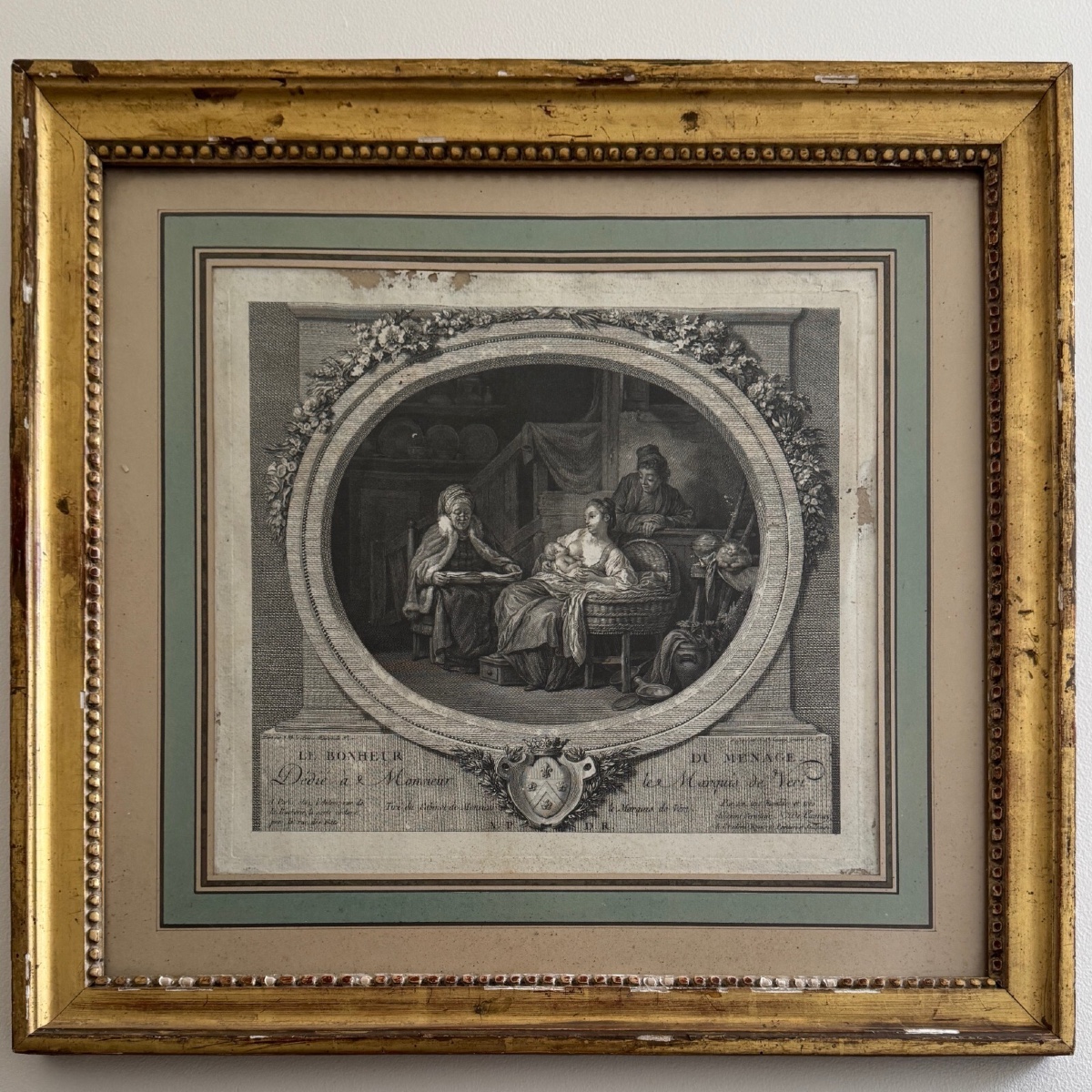 18th-century Engraving, "the Happiness Of The Household," After Launay, Beaded Frame