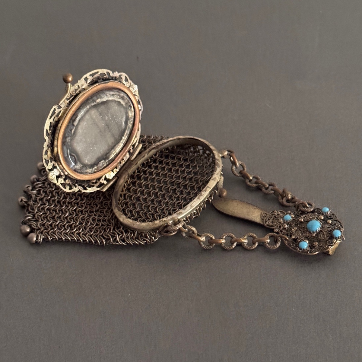 Aumônière bourse châtelaine métal argenté et turquoises Art Nouveau-photo-2