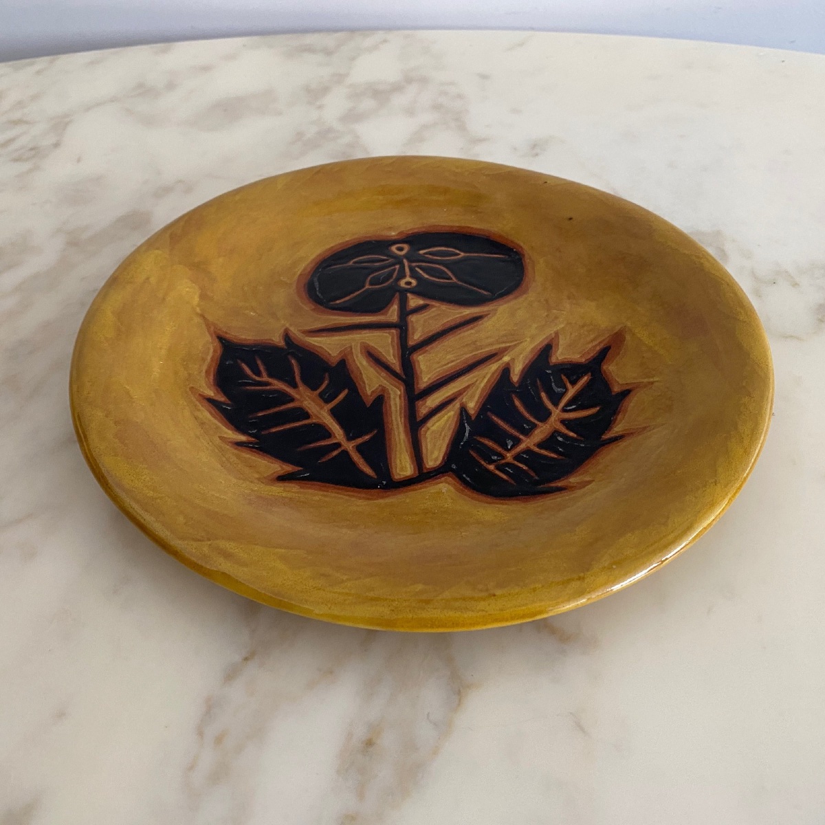 Terracotta Plate By Jean Lurçat, Foliage Decoration On A Yellow Background-photo-2