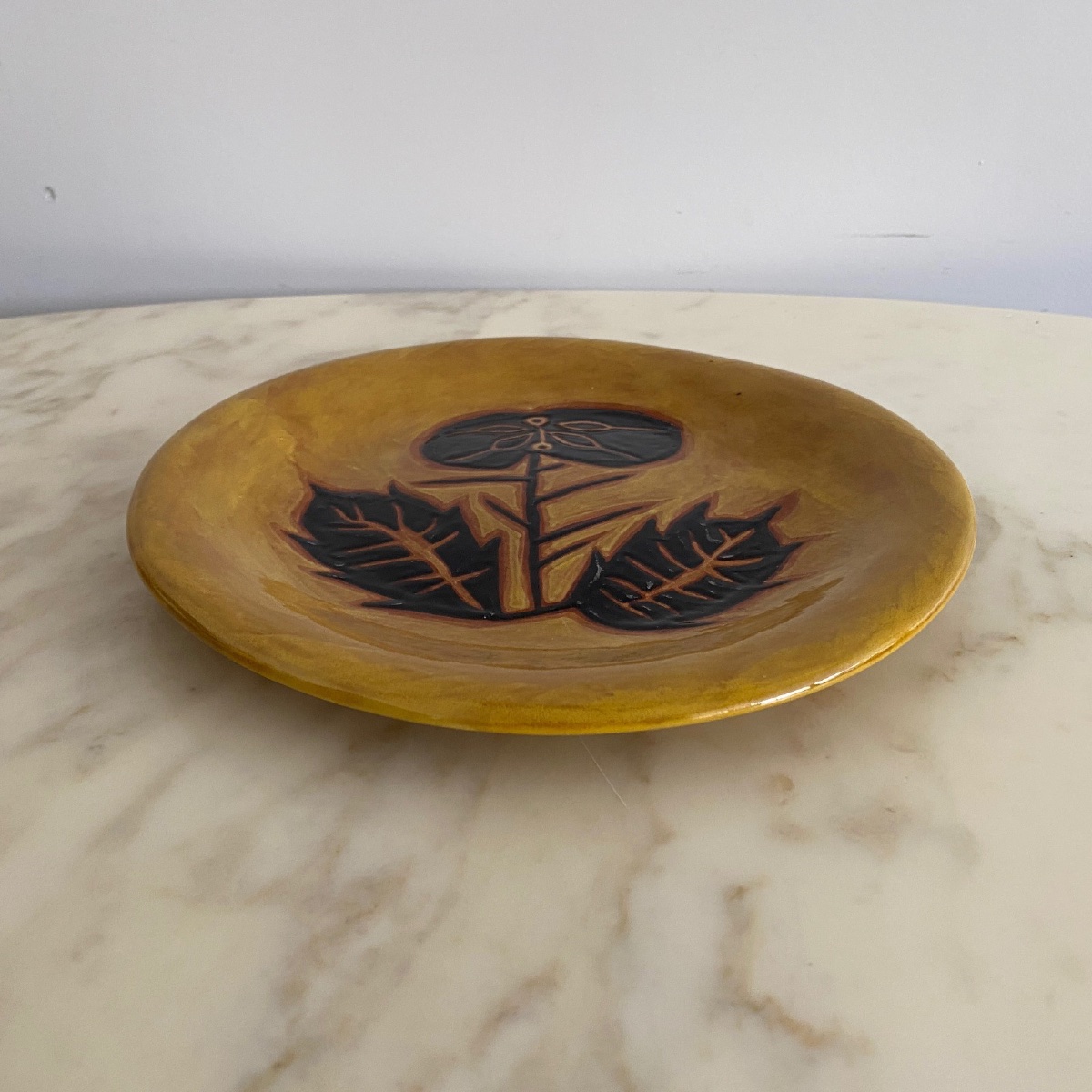 Terracotta Plate By Jean Lurçat, Foliage Decoration On A Yellow Background-photo-3