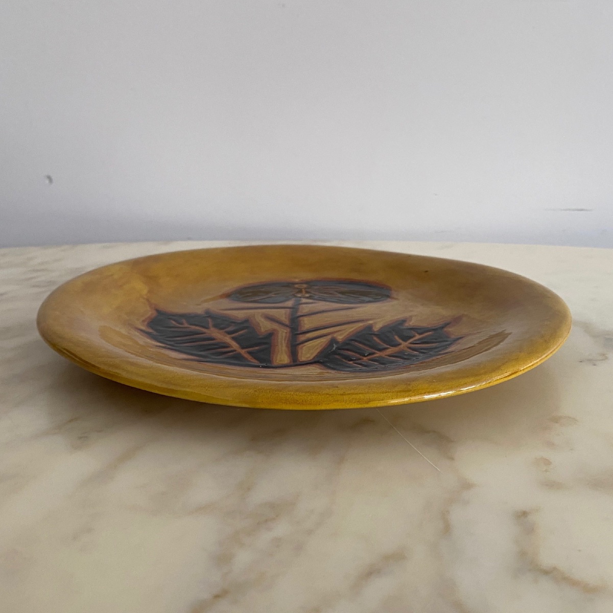 Terracotta Plate By Jean Lurçat, Foliage Decoration On A Yellow Background-photo-4
