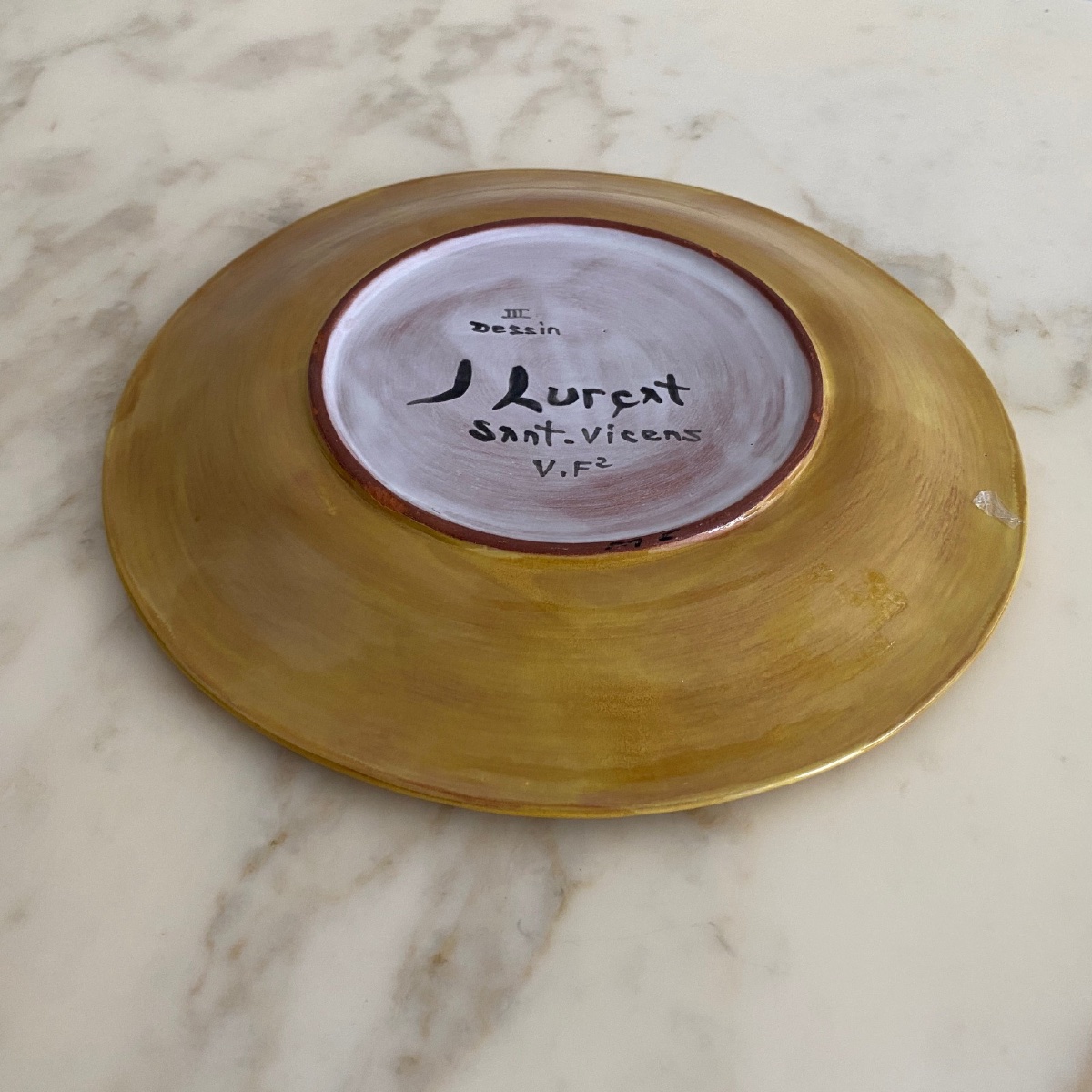 Terracotta Plate By Jean Lurçat, Foliage Decoration On A Yellow Background-photo-2