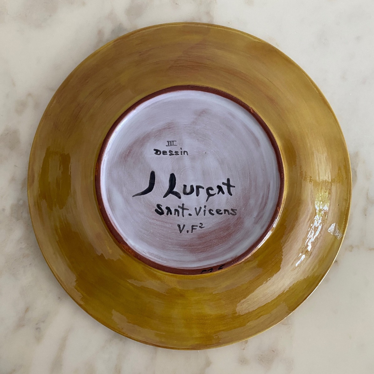 Terracotta Plate By Jean Lurçat, Foliage Decoration On A Yellow Background-photo-3