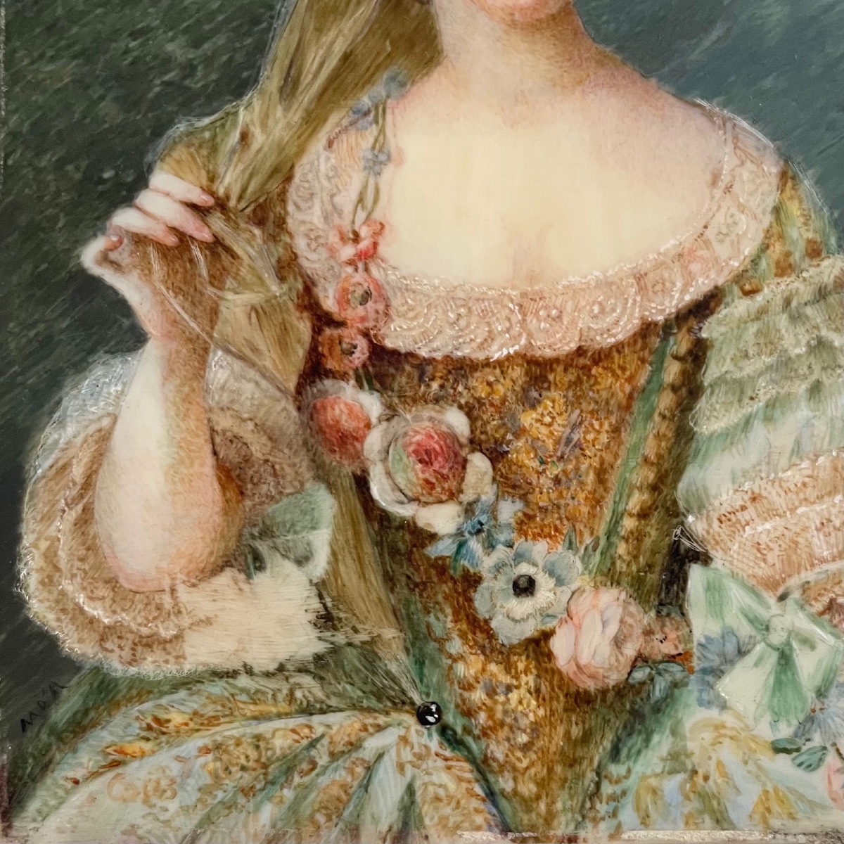 19th-century Miniature Depicting An 18th-century Woman, Bronze Frame-photo-2