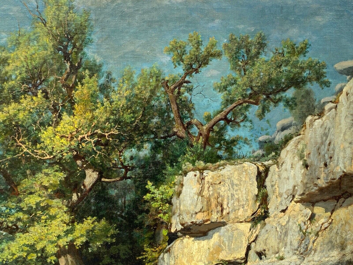 Oil On Canvas By Louis Delorme, Forest And Rocks, Late 19th Century-photo-4