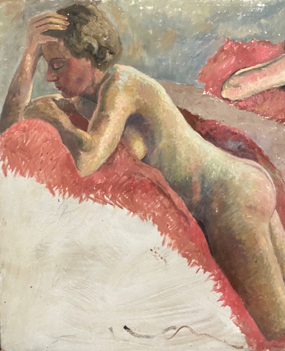 Portrait Of Reclining Nude Women, Studio Of Guillot Rafaillac, Oil On Panel, 20th Century-photo-3