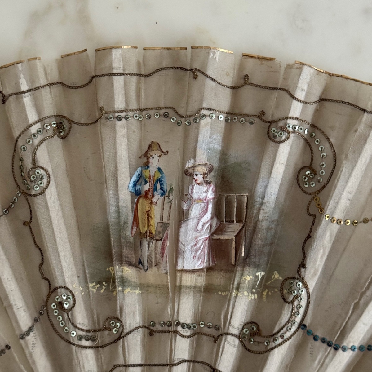 Éventail XIXe décor romantique peint à la main-photo-3