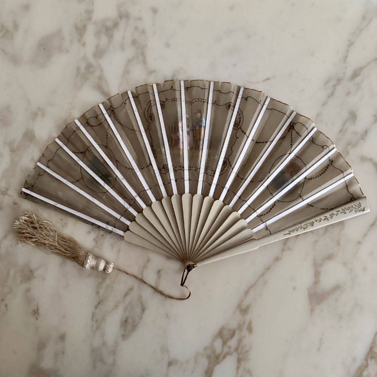 Éventail XIXe décor romantique peint à la main-photo-2