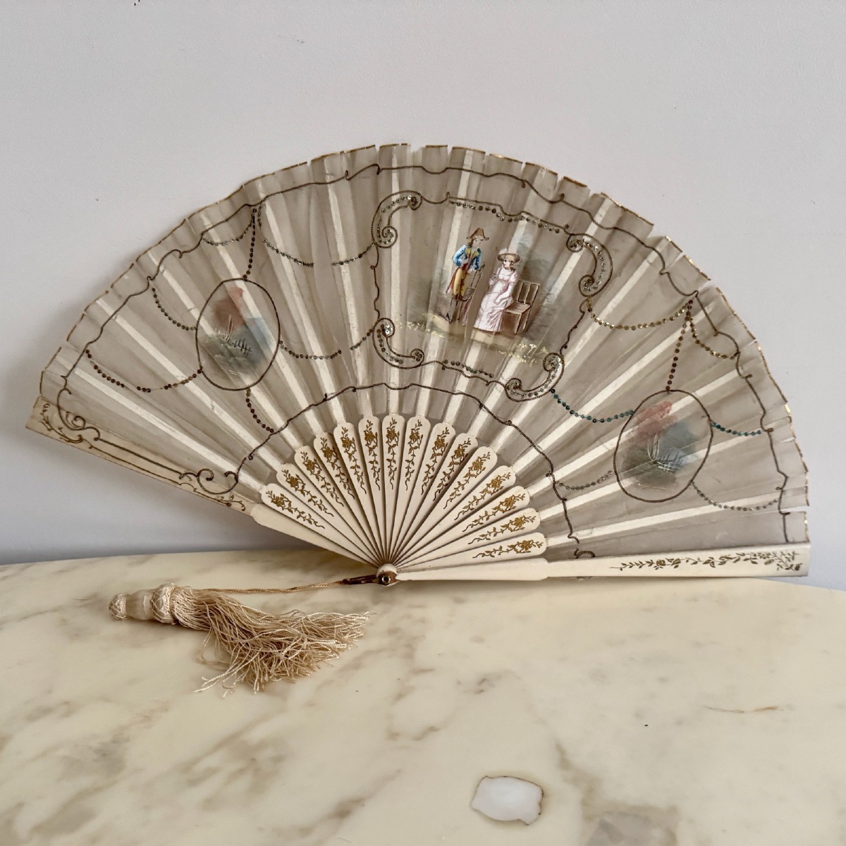 Éventail XIXe décor romantique peint à la main-photo-8