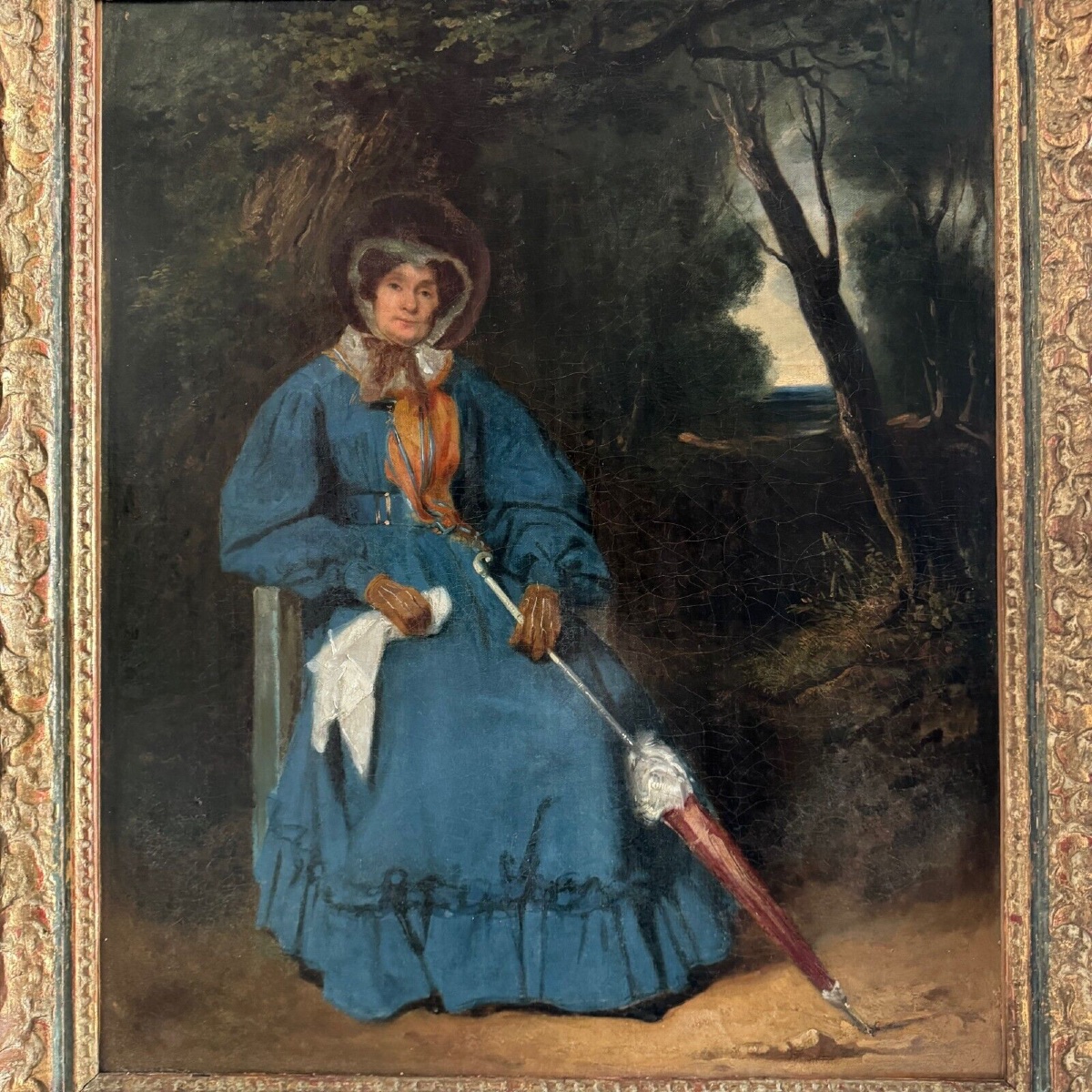 Oil On Canvas, Woman With A Parasol In A Wooded Area, 19th Century-photo-2