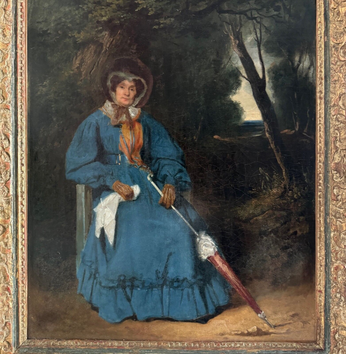 Oil On Canvas, Woman With A Parasol In A Wooded Area, 19th Century-photo-3