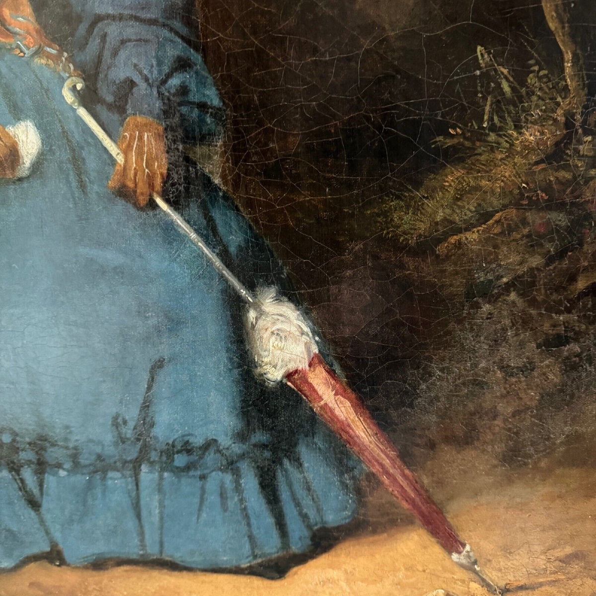 Oil On Canvas, Woman With A Parasol In A Wooded Area, 19th Century-photo-1