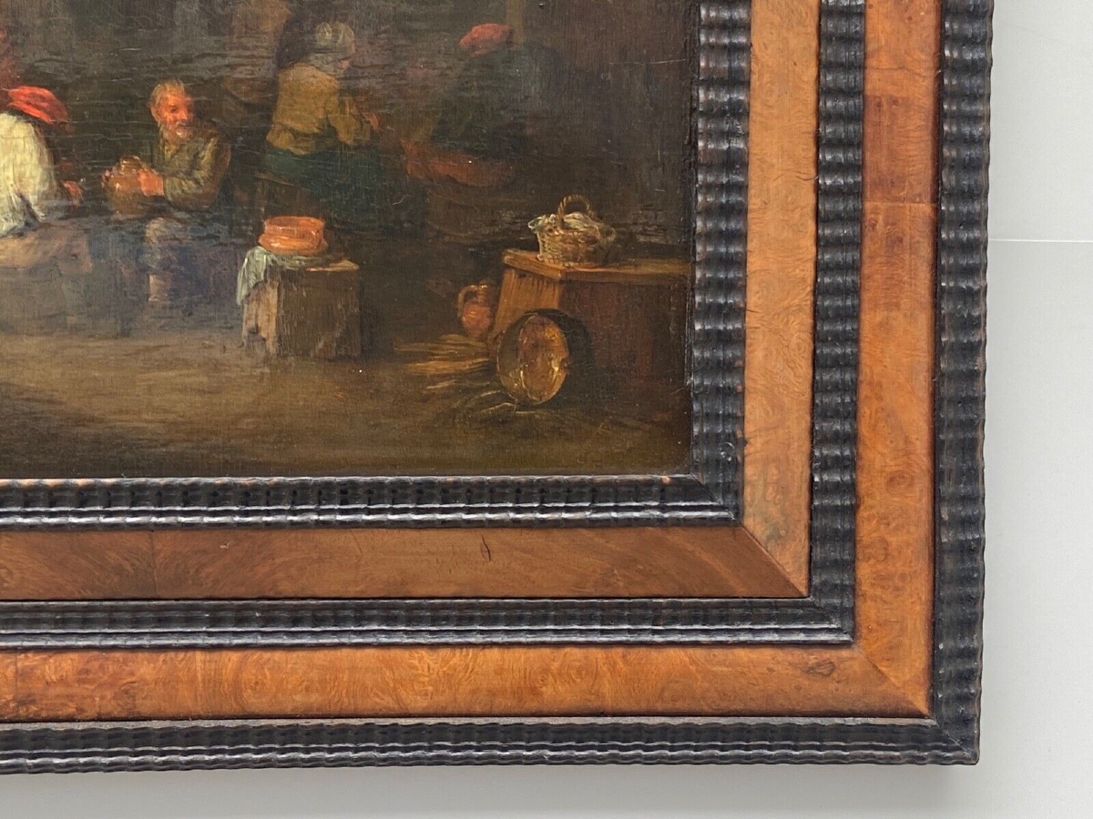 Huile sur panneau scène d'intérieur hollandais école flamande XIXe-photo-2