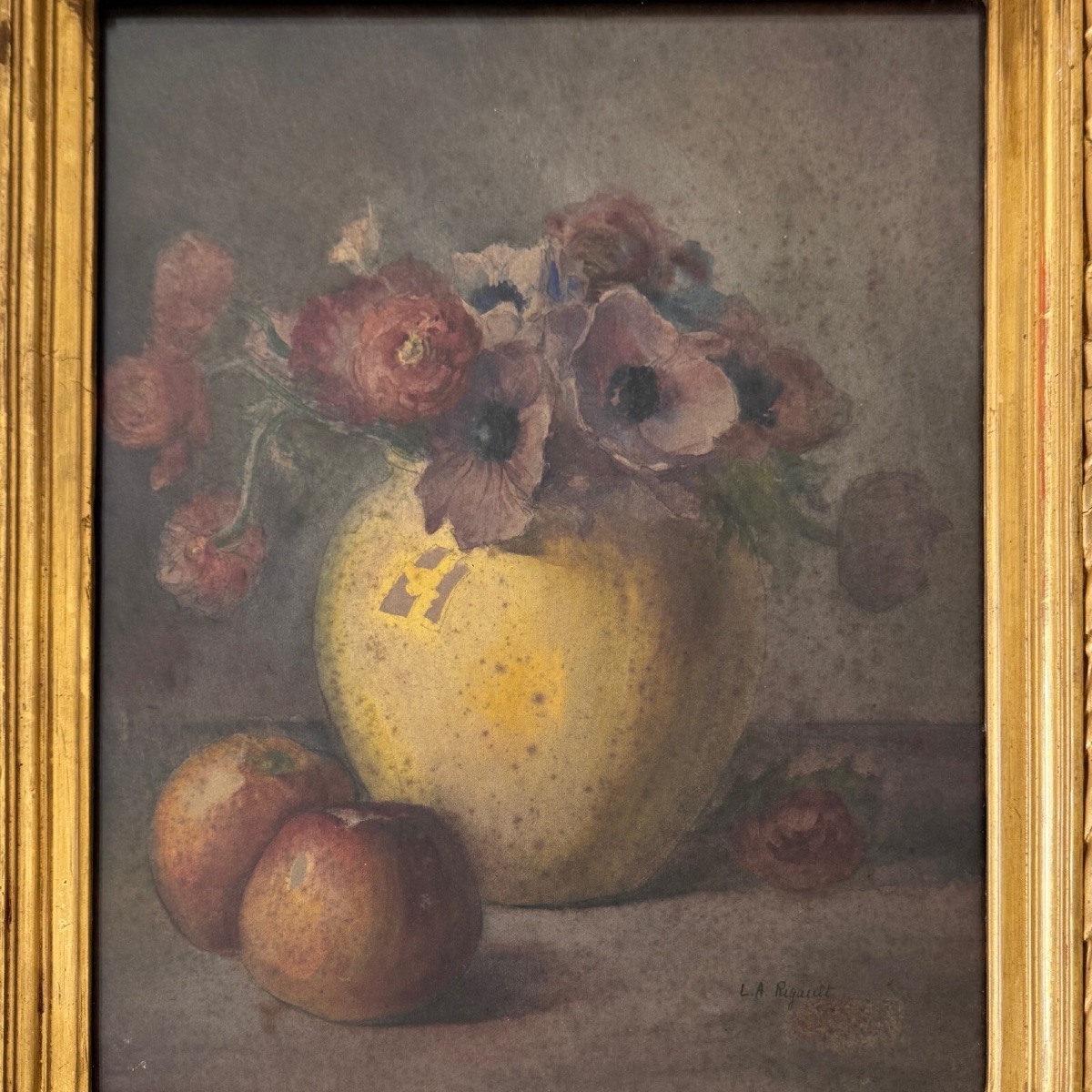 Aquarelle nature morte bouquet de fleurs XIXe par L.A. Rigault-photo-3