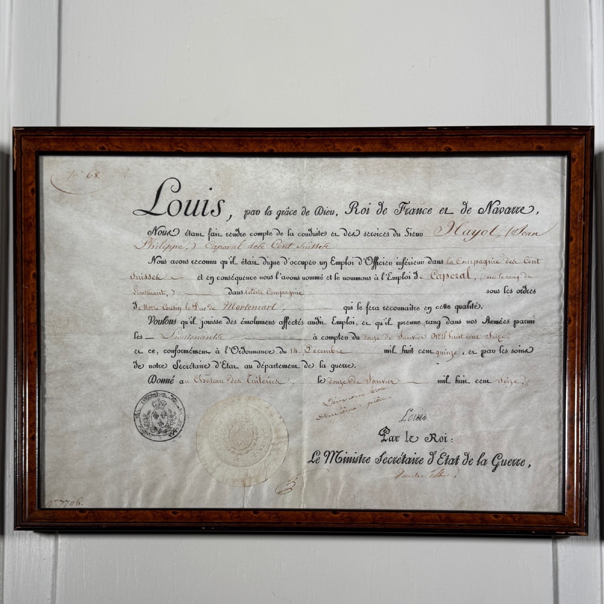 Diplôme d'Officier par le Ministre Secrétaire d'Etat de la Guerre 1816