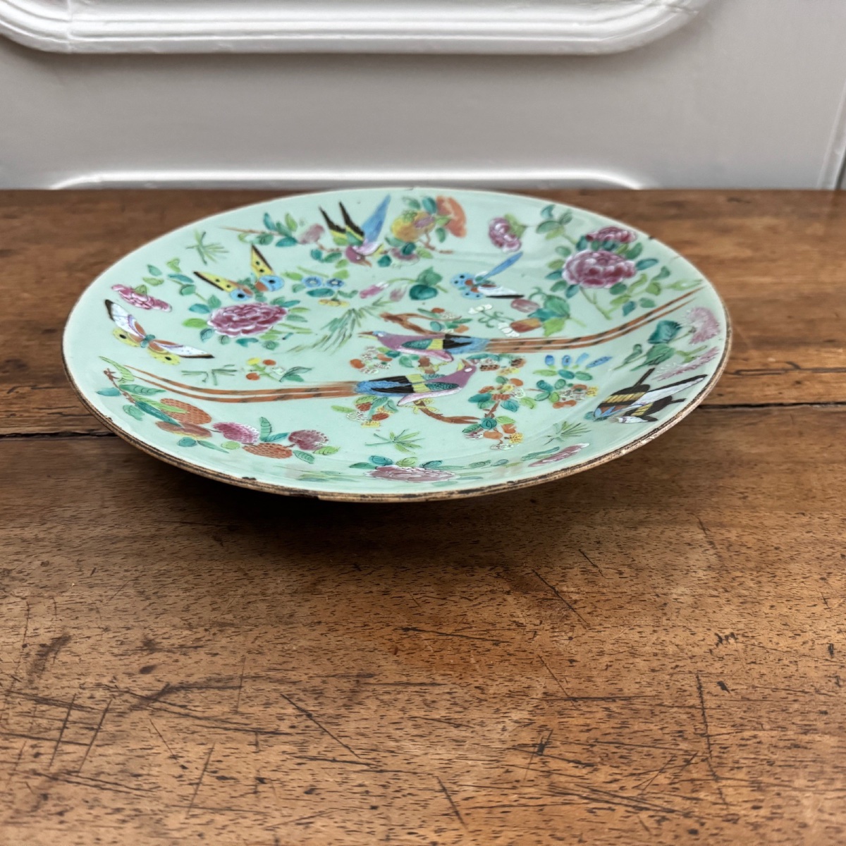 Celadon Porcelain Chinese Plate Decorated With Birds And Butterflies-photo-3