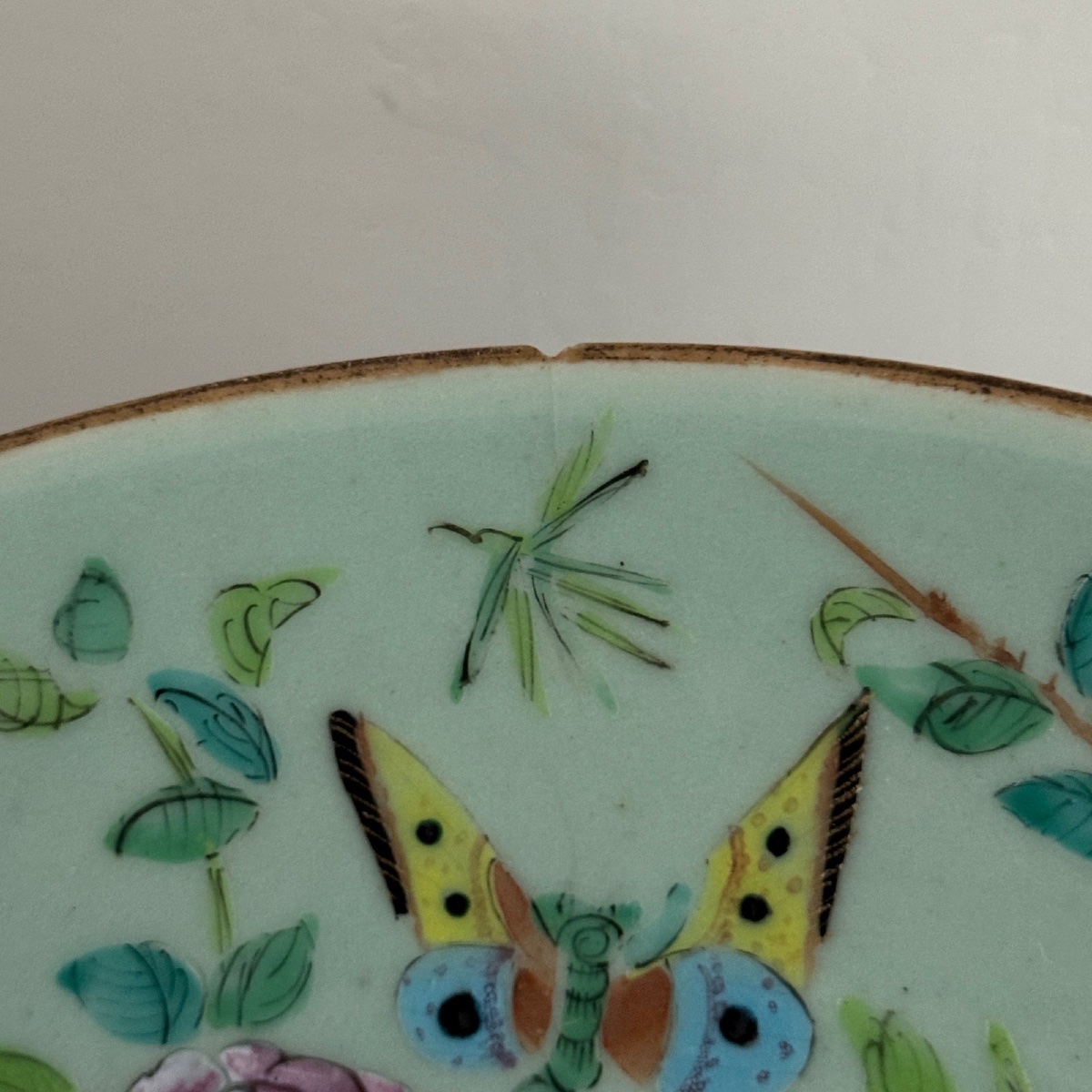 Celadon Porcelain Chinese Plate Decorated With Birds And Butterflies-photo-2