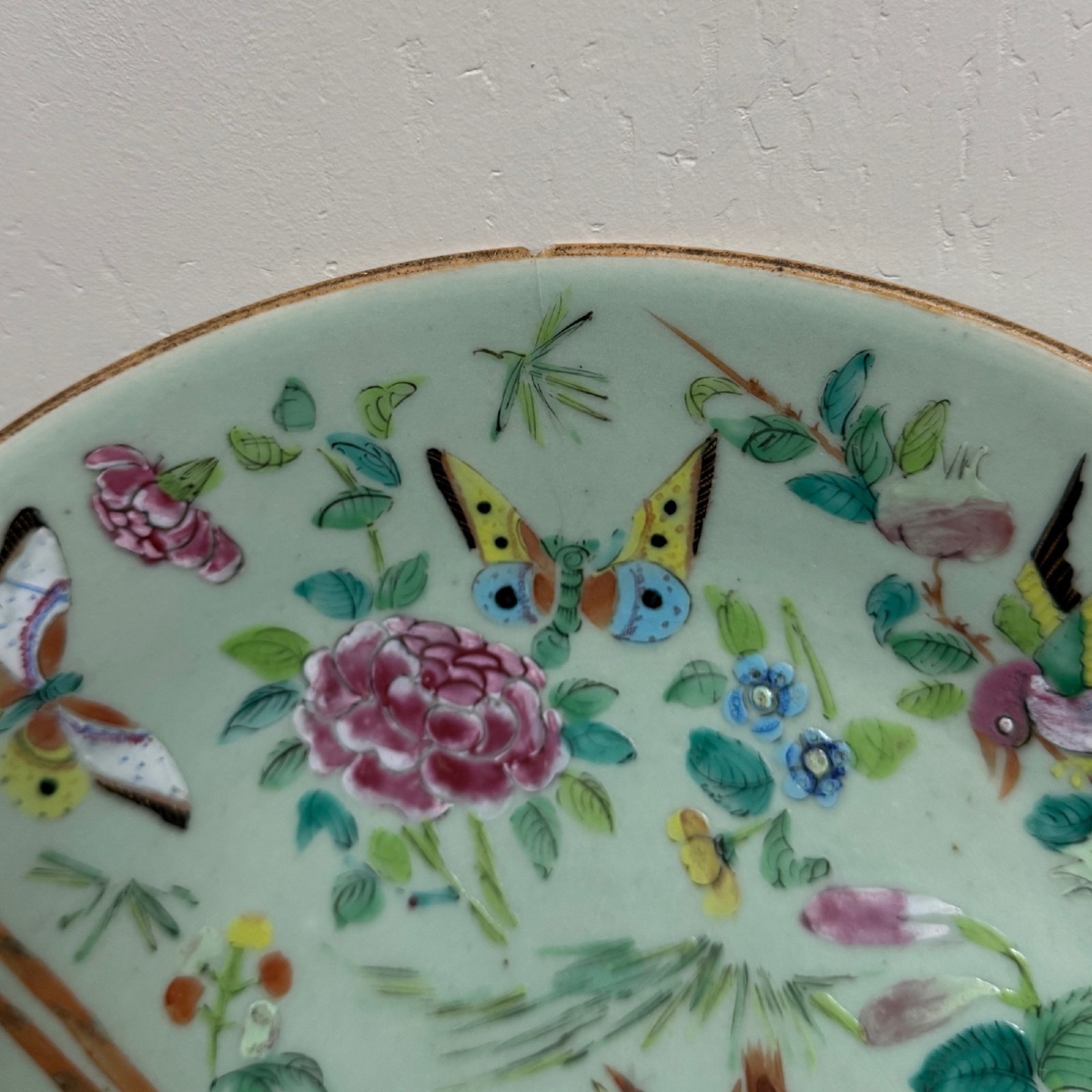 Celadon Porcelain Chinese Plate Decorated With Birds And Butterflies-photo-4