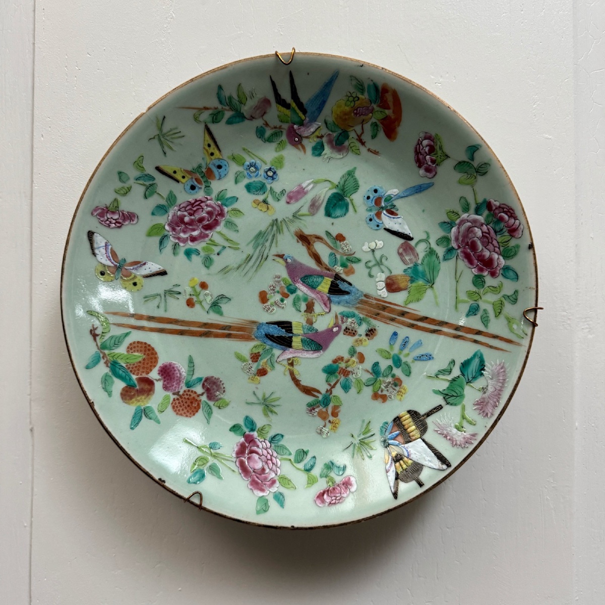 Celadon Porcelain Chinese Plate Decorated With Birds And Butterflies