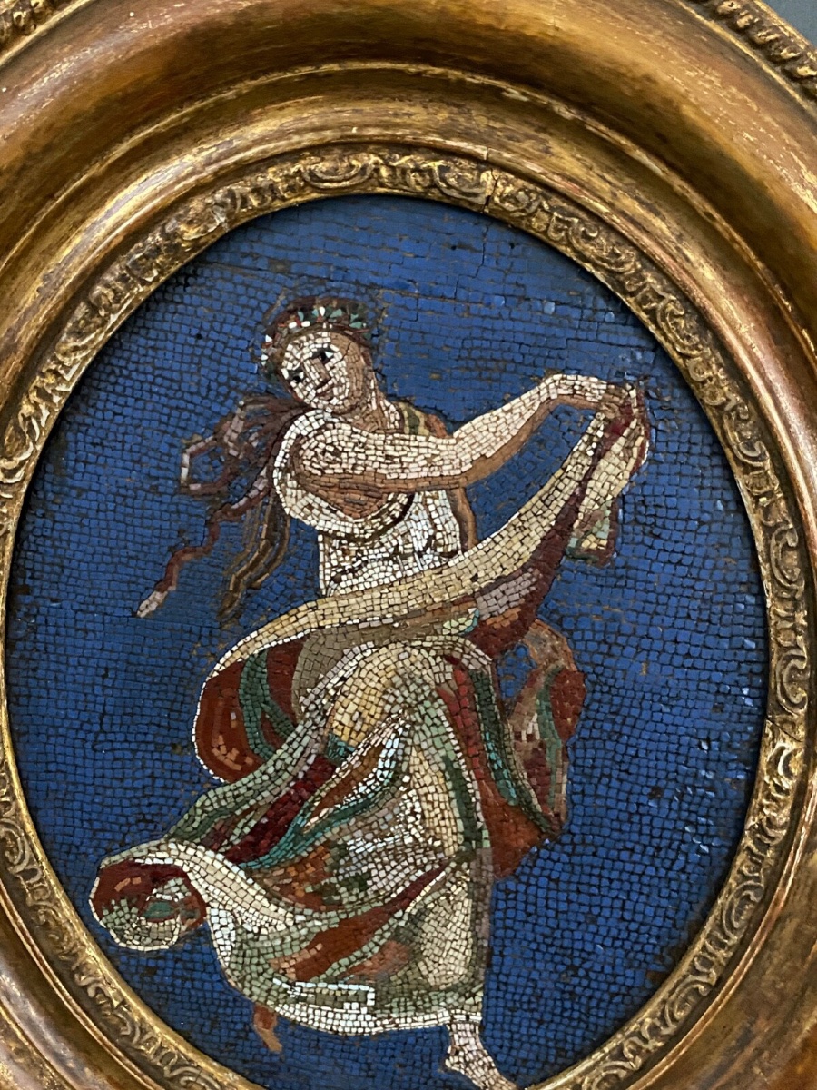 Plaque en micro-mosaïque danseuse grecque à l'Antique XIXe cadre ovale-photo-2