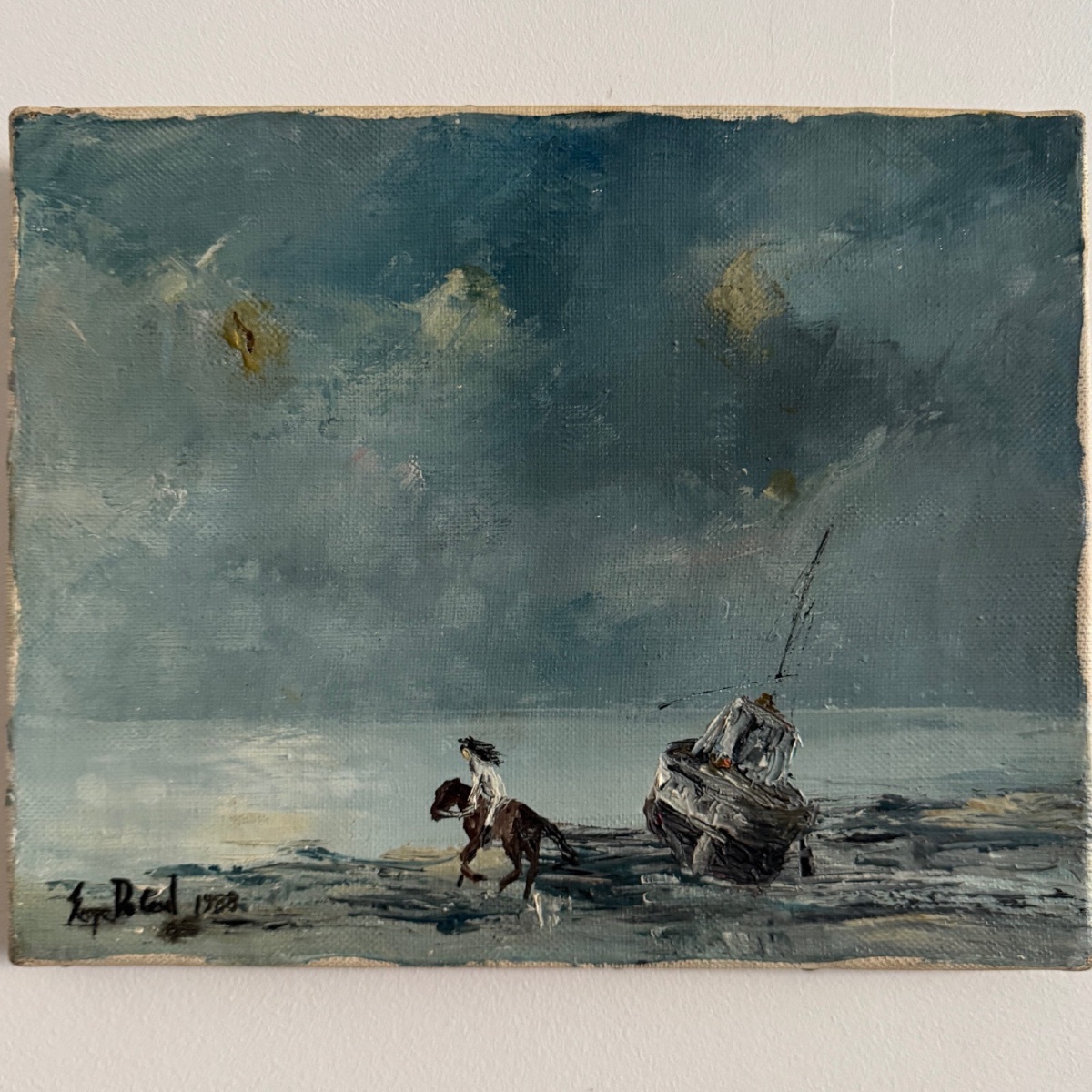 Huile sur toile Les Crinières par Serge Doceul cavalier au bateau 1988-photo-2