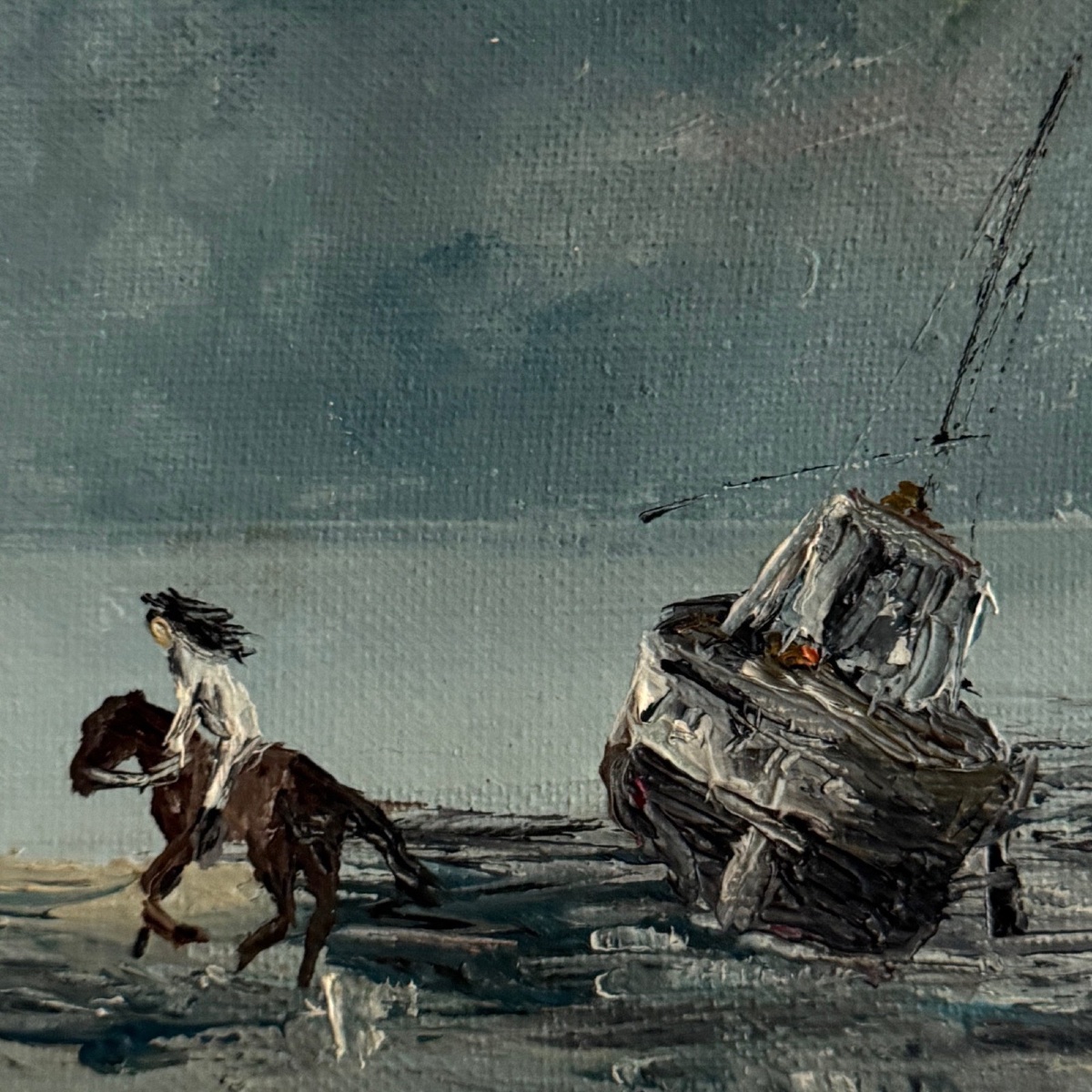 Huile sur toile Les Crinières par Serge Doceul cavalier au bateau 1988-photo-4