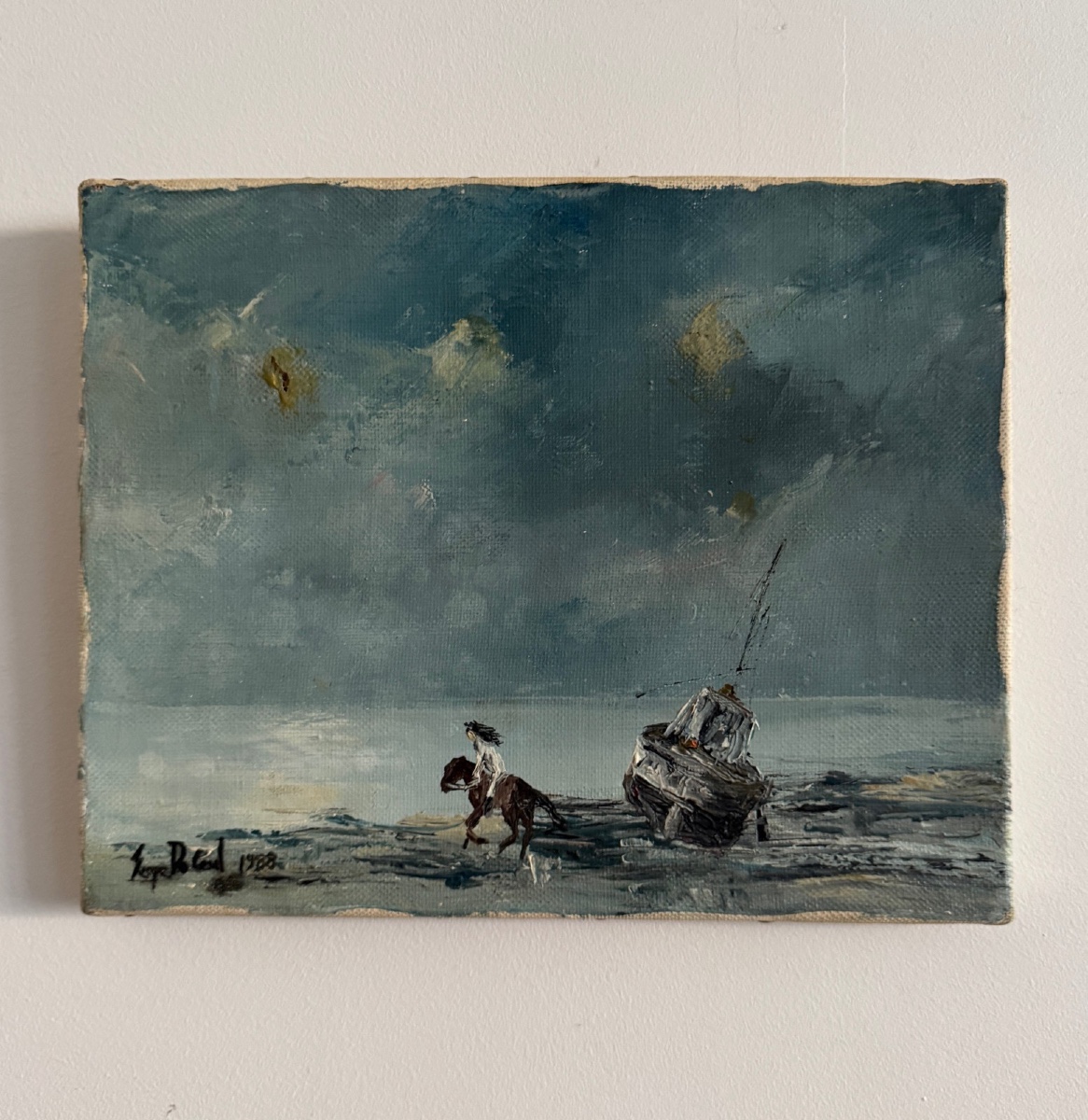 Huile sur toile Les Crinières par Serge Doceul cavalier au bateau 1988