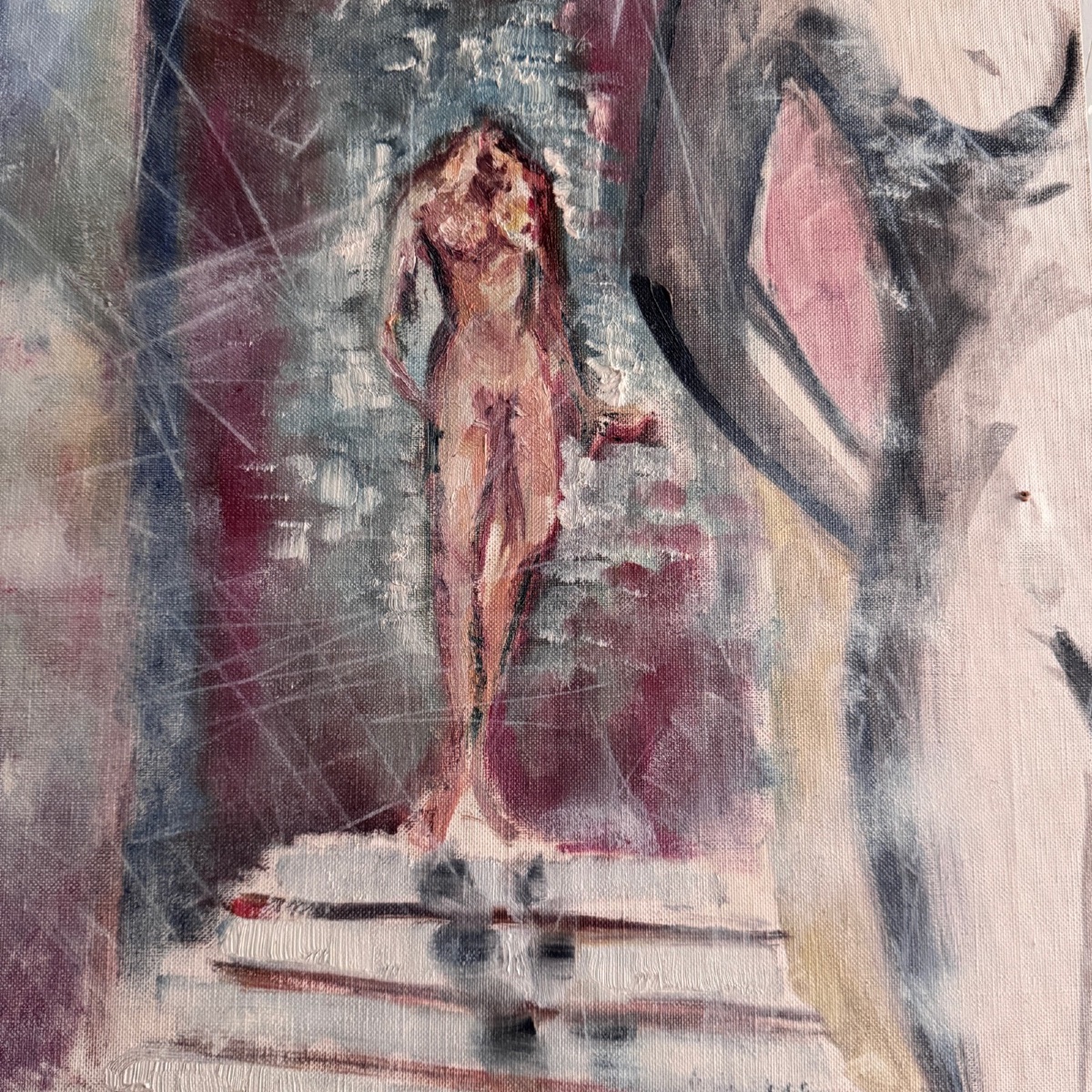 Oil On Canvas By Véronique Maude, Fini, Woman Descending A Staircase, 20th Century-photo-2