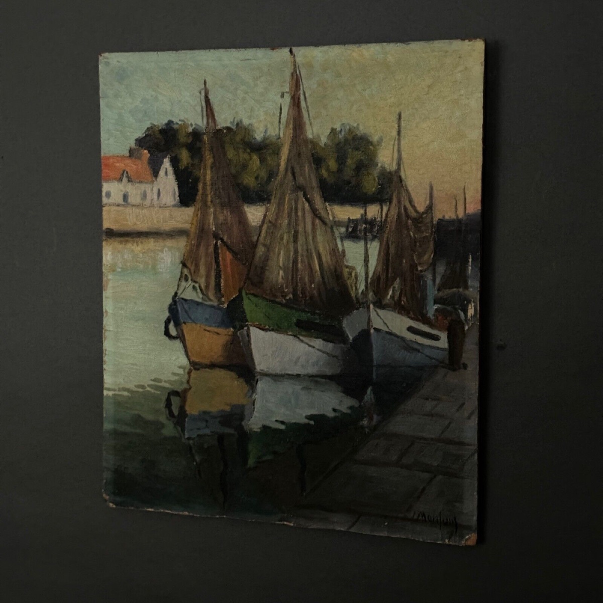 Huile sur carton bateaux de pêche à quai XXe par Moufunt-photo-3